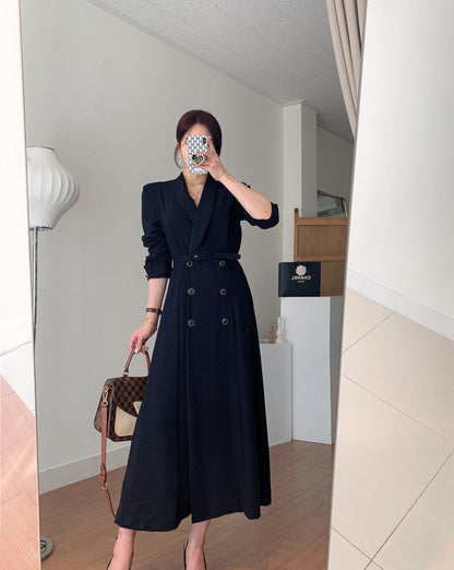 Sixsr New French Spring Elegant Double Breasted Belted Sashes Women Suit Dress Autumn Office Long Sleeve Slim Waist Female Dress