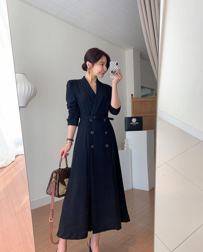 Sixsr New French Spring Elegant Double Breasted Belted Sashes Women Suit Dress Autumn Office Long Sleeve Slim Waist Female Dress