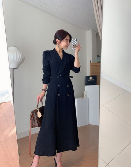 Sixsr New French Spring Elegant Double Breasted Belted Sashes Women Suit Dress Autumn Office Long Sleeve Slim Waist Female Dress