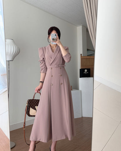 Sixsr New French Spring Elegant Double Breasted Belted Sashes Women Suit Dress Autumn Office Long Sleeve Slim Waist Female Dress