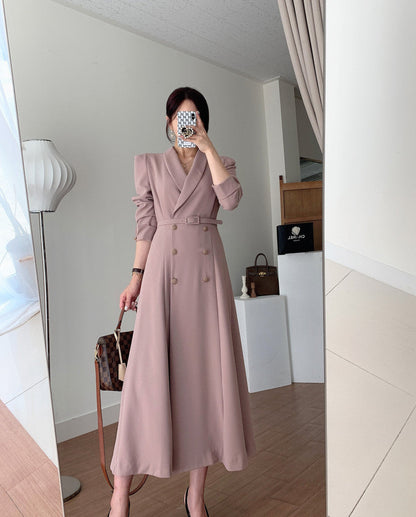 Sixsr New French Spring Elegant Double Breasted Belted Sashes Women Suit Dress Autumn Office Long Sleeve Slim Waist Female Dress