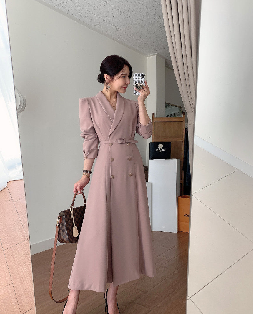 Sixsr New French Spring Elegant Double Breasted Belted Sashes Women Suit Dress Autumn Office Long Sleeve Slim Waist Female Dress