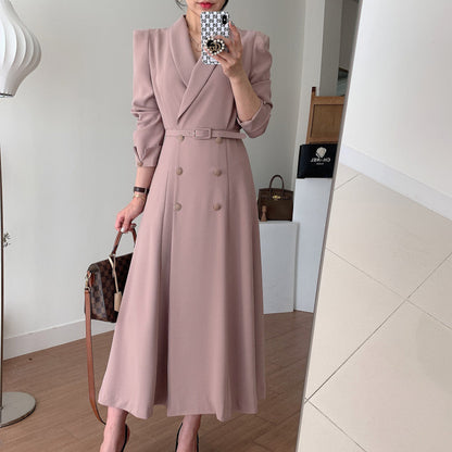 Sixsr New French Spring Elegant Double Breasted Belted Sashes Women Suit Dress Autumn Office Long Sleeve Slim Waist Female Dress