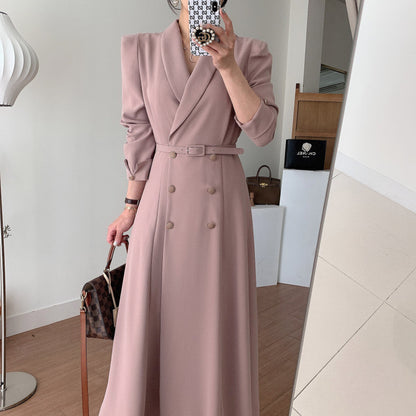 Sixsr New French Spring Elegant Double Breasted Belted Sashes Women Suit Dress Autumn Office Long Sleeve Slim Waist Female Dress