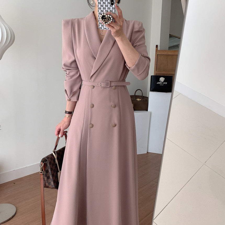 Sixsr New French Spring Elegant Double Breasted Belted Sashes Women Suit Dress Autumn Office Long Sleeve Slim Waist Female Dress