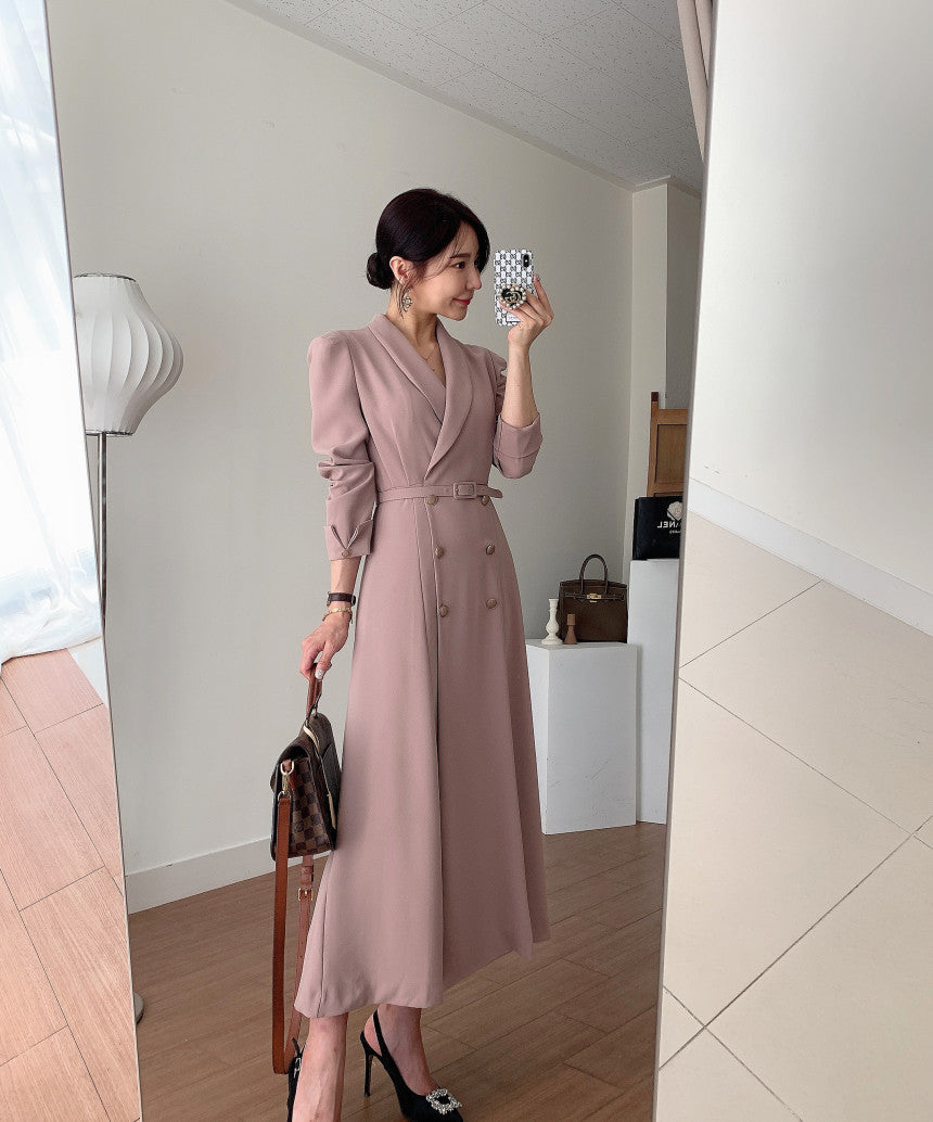 Sixsr New French Spring Elegant Double Breasted Belted Sashes Women Suit Dress Autumn Office Long Sleeve Slim Waist Female Dress