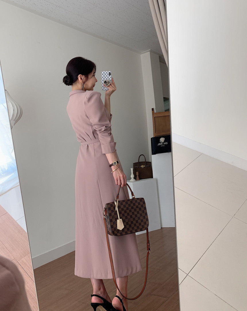 Sixsr New French Spring Elegant Double Breasted Belted Sashes Women Suit Dress Autumn Office Long Sleeve Slim Waist Female Dress