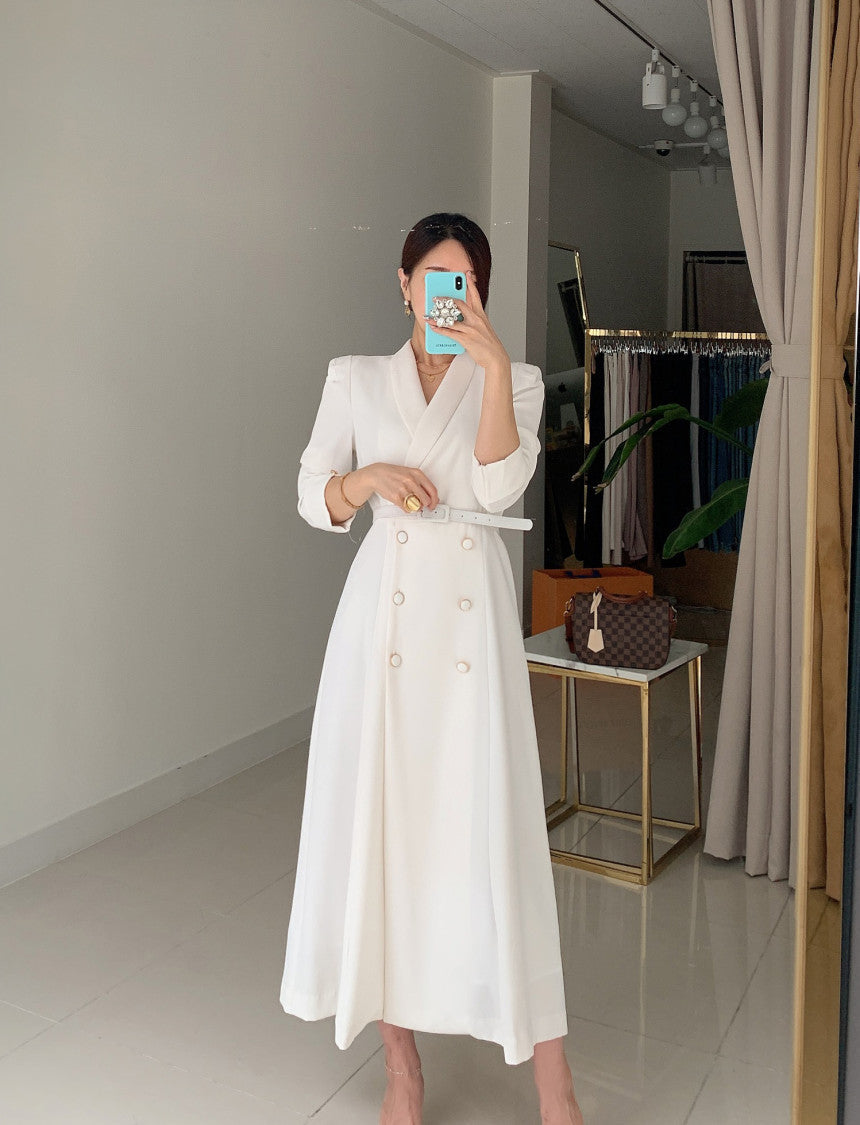 Sixsr New French Spring Elegant Double Breasted Belted Sashes Women Suit Dress Autumn Office Long Sleeve Slim Waist Female Dress