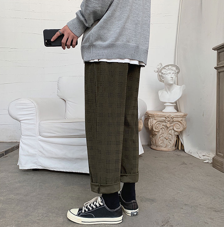 Autumn Corduroy Pants Men Fashion Retro Casual Plaid Pants Men Streetwear Hip Hop Loose Straight Trousers Male Large Size M-5XL