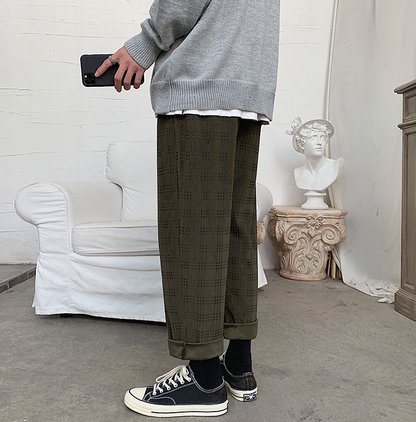 Autumn Corduroy Pants Men Fashion Retro Casual Plaid Pants Men Streetwear Hip Hop Loose Straight Trousers Male Large Size M-5XL