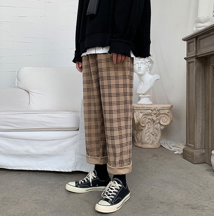 Autumn Corduroy Pants Men Fashion Retro Casual Plaid Pants Men Streetwear Hip Hop Loose Straight Trousers Male Large Size M-5XL