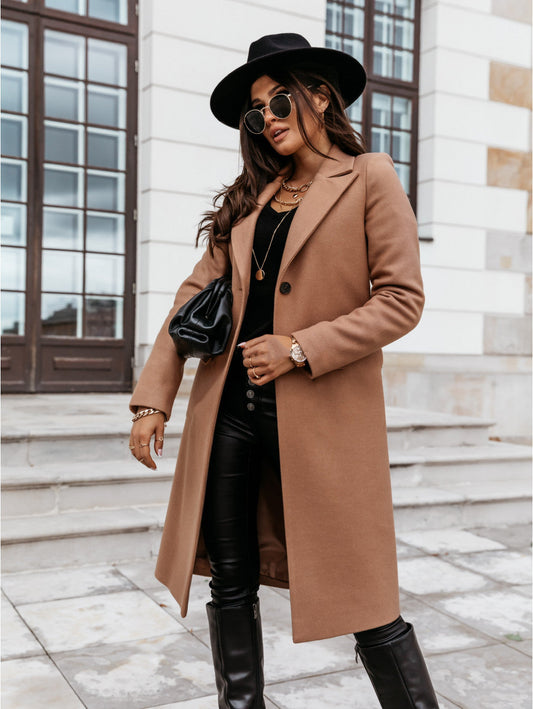 Solid Color Long Sleeve Suit Collar Woolen Coat