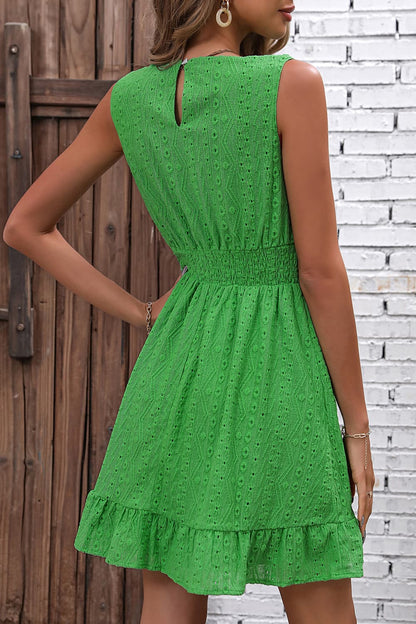 Round Neck Smocked Waist Sleeveless Dress