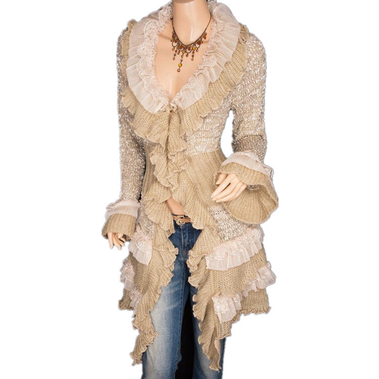 Cardigan Sweater Women's Knitted Single-breasted Lace Bell Sleeve Mid-length Coat