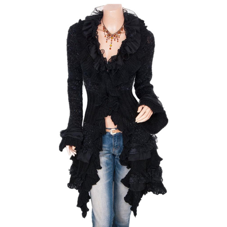 Cardigan Sweater Women's Knitted Single-breasted Lace Bell Sleeve Mid-length Coat