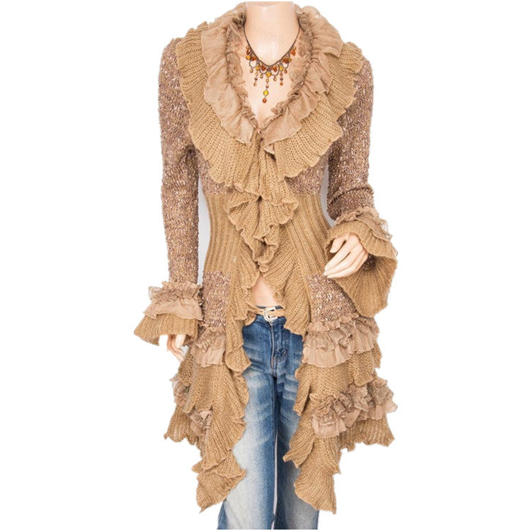 Cardigan Sweater Women's Knitted Single-breasted Lace Bell Sleeve Mid-length Coat