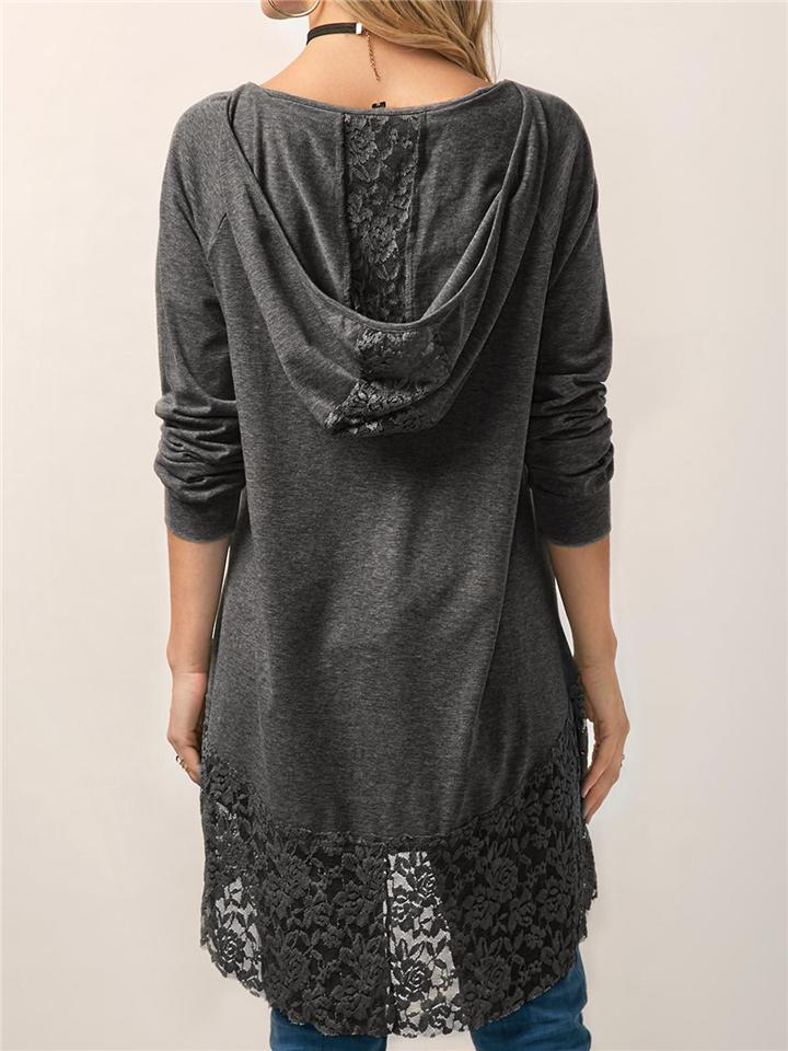 Women Pure Color Lace Patchwork Long Sleeve T-shirt With Hood