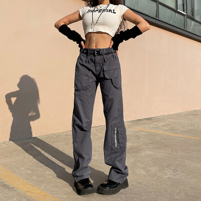 Sixsr Vintage Streetwear Cargo Pants Women Harajuku Street Loose Straight Women Jeans Casual Slim Versatile High Waisted Jeans Pants