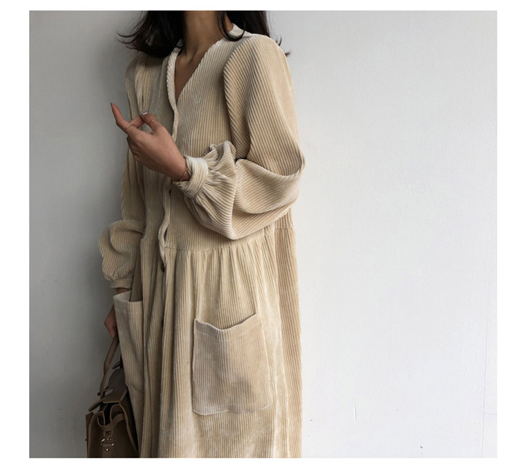 Sixsr Women Autumn Winter Vintage Long Dress Elegant Full Sleeve Single Breasted Tunic Casual Corduroy Dress with Pocket Vestidos