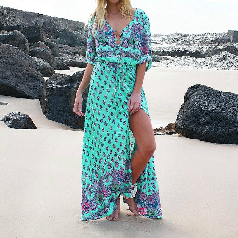 Fashion Summer Boho Beach Dress Fashion Floral Print Ethnic Long Maxi Dress Woman Party Night Elegant Dress