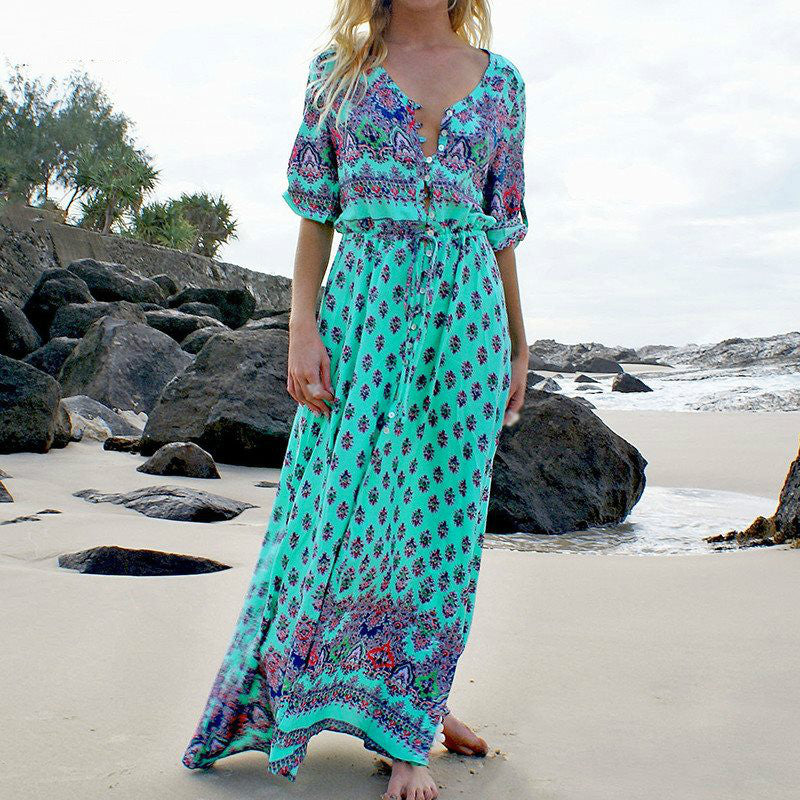 Fashion Summer Boho Beach Dress Fashion Floral Print Ethnic Long Maxi Dress Woman Party Night Elegant Dress