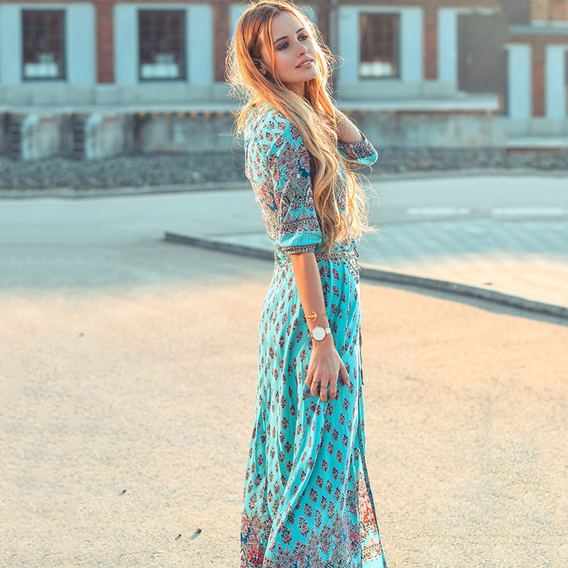 Fashion Summer Boho Beach Dress Fashion Floral Print Ethnic Long Maxi Dress Woman Party Night Elegant Dress