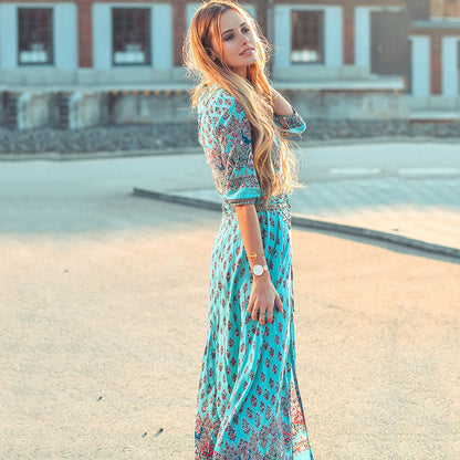 Fashion Summer Boho Beach Dress Fashion Floral Print Ethnic Long Maxi Dress Woman Party Night Elegant Dress