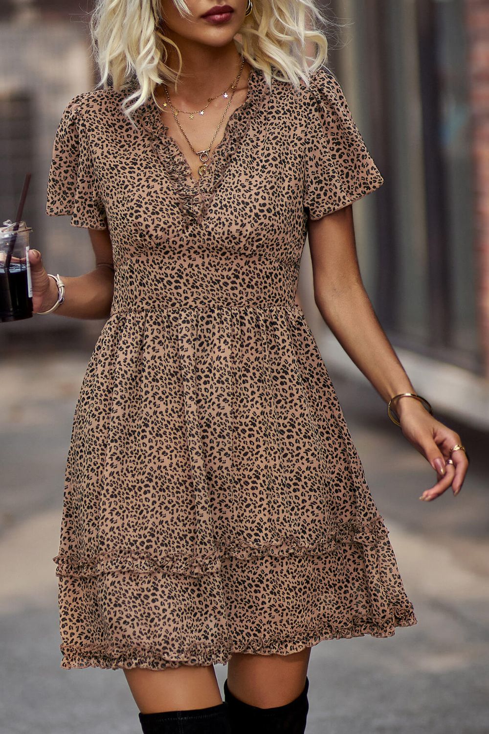 Printed Flutter Sleeve V-Neck Dress