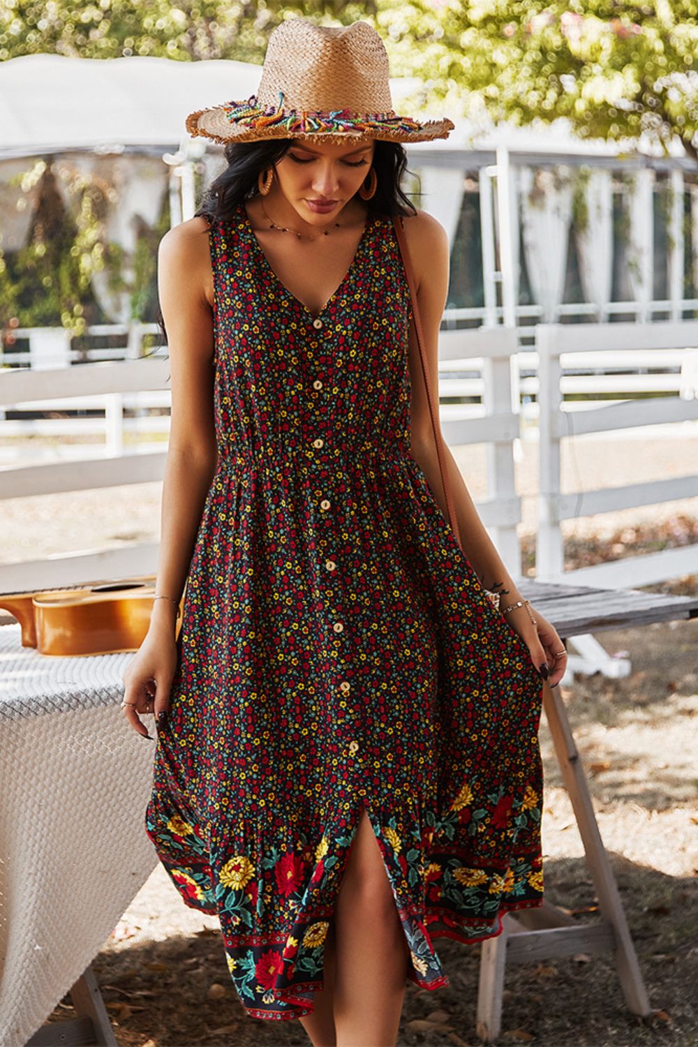 Floral Print Bohemian Style V-neck Sleeveless Midi Dress