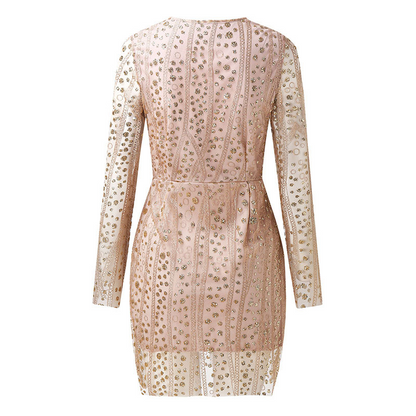 Sixsr Sequined Mini Dress Deep V Neck Luxury Shiny Long Sleeve Women Sexy Elegant Party Clubwear Evening Bodycon Dress For Women Robe