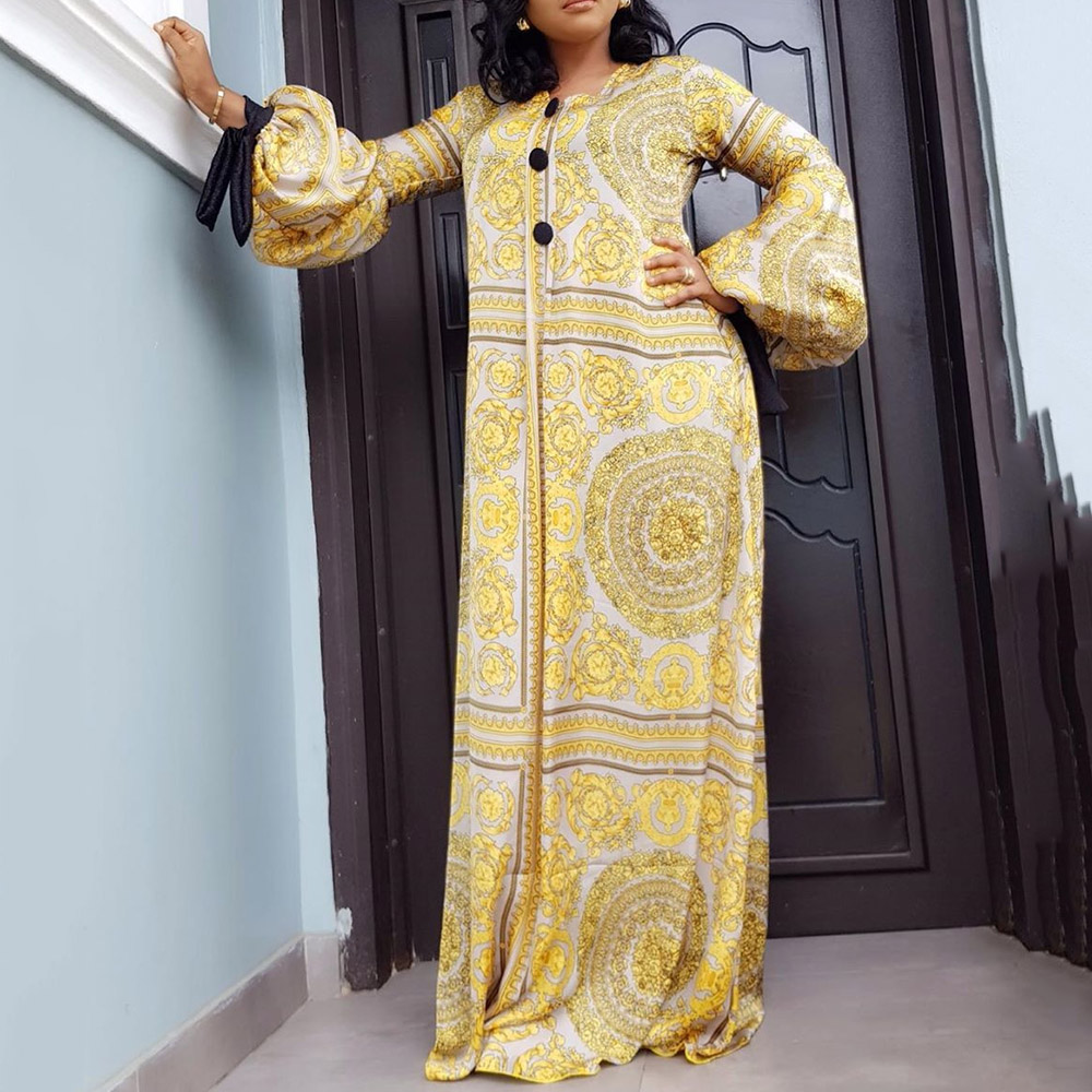 Summer Long Sleeve Maxi Dress African Ladies Rich Bazin Golden Print Vintage Plus Size 3XL Floor Length Women Party Long Dress
