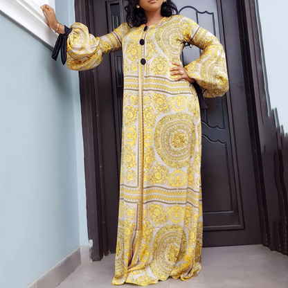 Summer Long Sleeve Maxi Dress African Ladies Rich Bazin Golden Print Vintage Plus Size 3XL Floor Length Women Party Long Dress
