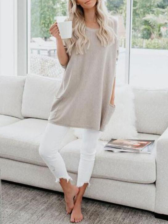 Casual Pockets Long Sleeve Solid Tops