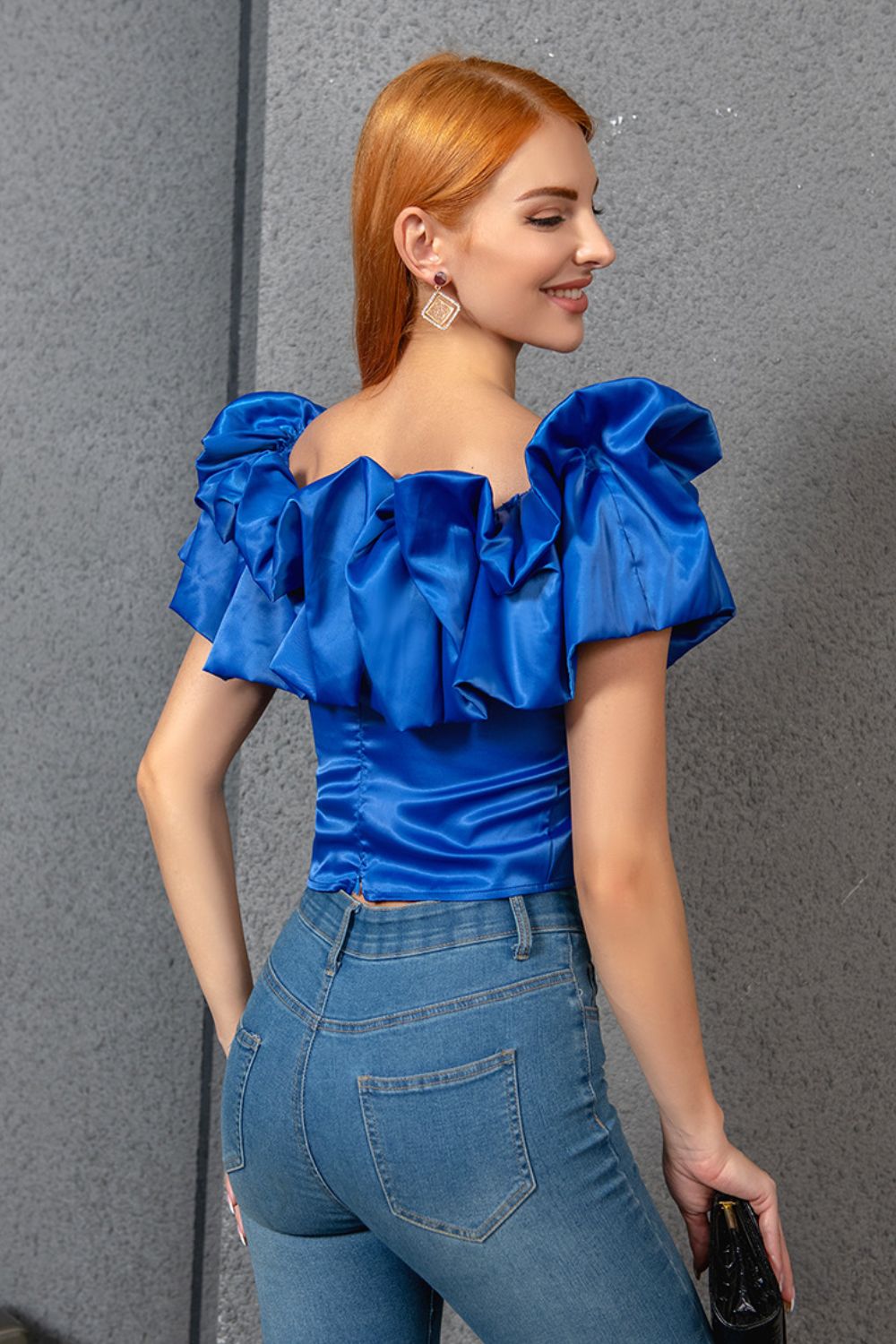 Cropped Ruffle Boat Neck Short Sleeve Blouse