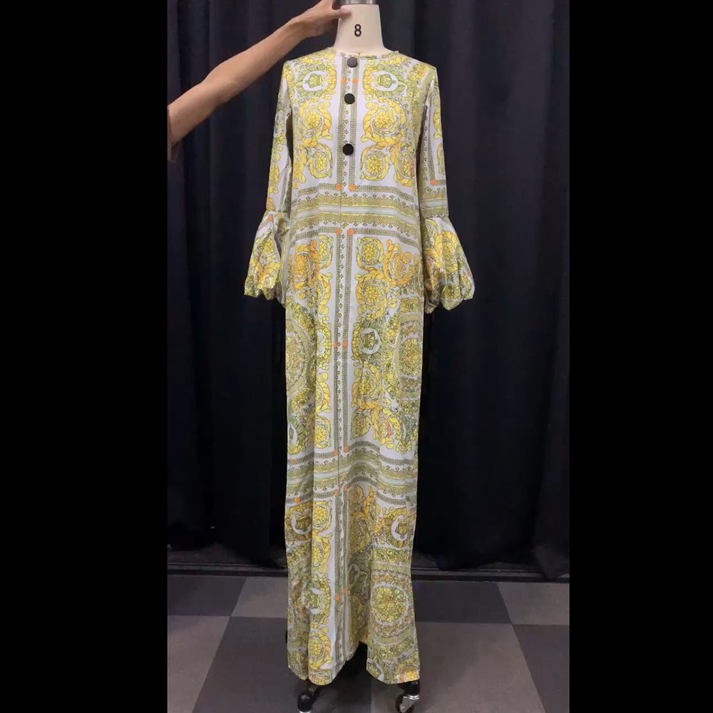 Summer Long Sleeve Maxi Dress African Ladies Rich Bazin Golden Print Vintage Plus Size 3XL Floor Length Women Party Long Dress