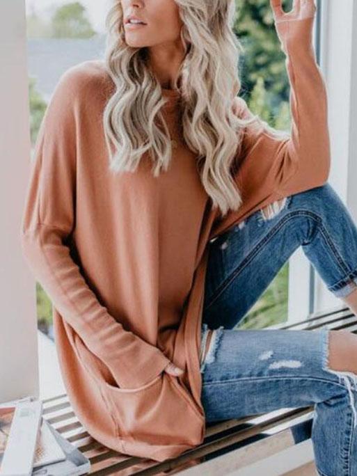 Casual Pockets Long Sleeve Solid Tops