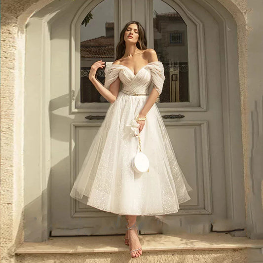 sixsr womens fashion Bling Glittter Boho Wedding Dresses For Women Sweetheaart Tulle Point Net Tulle Beach Short Bridal Gown Cheap Civil