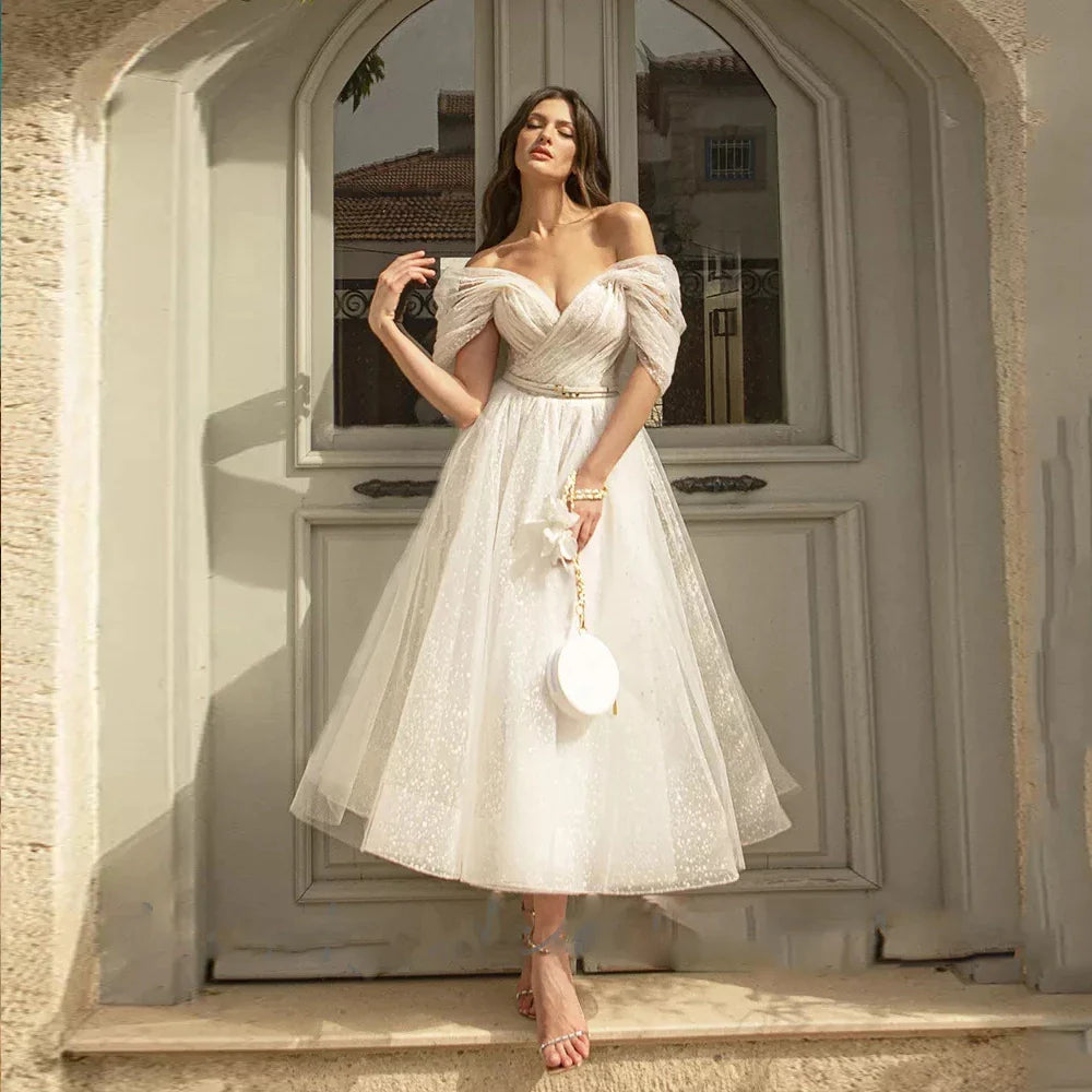 sixsr womens fashion Bling Glittter Boho Wedding Dresses For Women Sweetheaart Tulle Point Net Tulle Beach Short Bridal Gown Cheap Civil