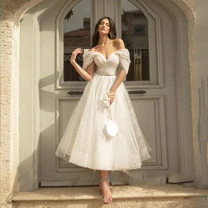 sixsr womens fashion Bling Glittter Boho Wedding Dresses For Women Sweetheaart Tulle Point Net Tulle Beach Short Bridal Gown Cheap Civil