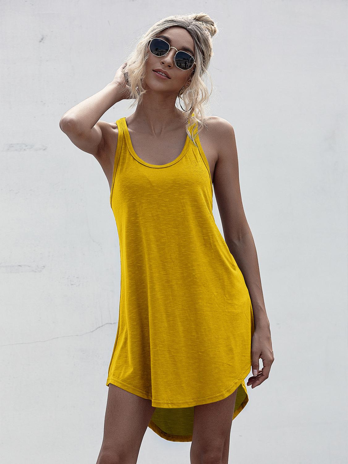 Solid Casual O-neck Sleeveless Tank Dress Women Loose Off Shoulder Asymmetrical Cotton Mini Dress