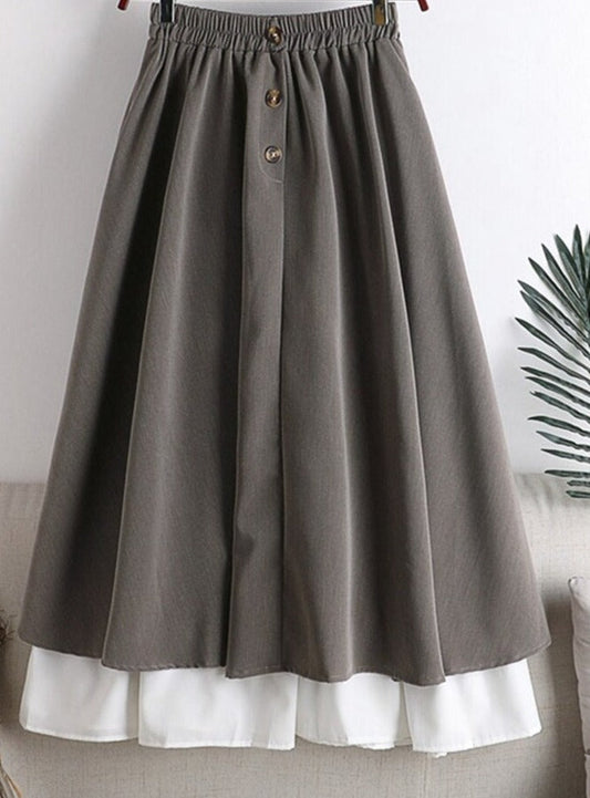 Sixsr Winter Thick Korean Style Midi Long Pleated Skirt Women White Patchwork Button High Waist A Line Skirt Female