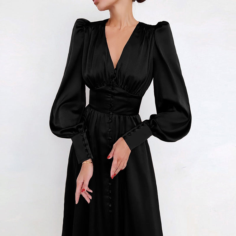 Sixsr Elegant spring satin bishop sleeve a-line dress women V-neck high waist button dress solid Vintage long dresses chic