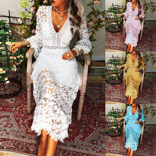 sixsr Fashionable Autumn Women Dress Sexy Lace Long-sleeved V-neck Large-length Ladies Chic Vestidos Wedding Party Bridal Dress