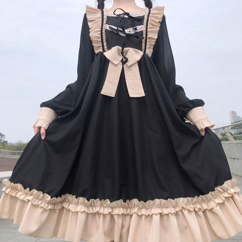 Sixsr Japanese Harajuku Gothic Bandage Bow Splice Dress Sweet Lolita Girl Cosplay Dress Kawaii Ruffles Bow Women Party Dress