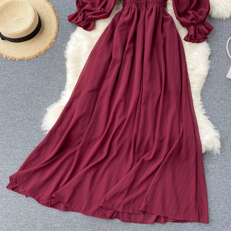 Sixsr Summer Beach Chiffon Long Dress Elegant Solid Lantern Sleeve High Waist Women Maxi Dress Party Club Ladies Vestidos New