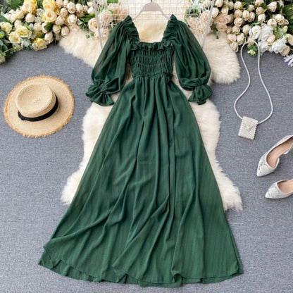 Sixsr Summer Beach Chiffon Long Dress Elegant Solid Lantern Sleeve High Waist Women Maxi Dress Party Club Ladies Vestidos New