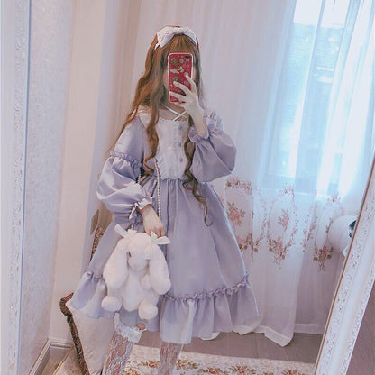 Sixsr Japanese Gothic Lolita Dress Women Kawaii Bow Bear Lace Blue Dress Long Sleeve Princess Dress Halloween Costume Gift For Girls