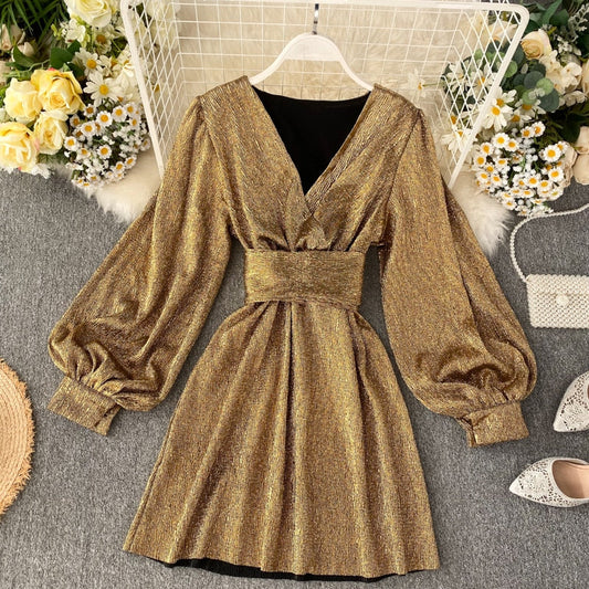 Sixsr Spring Autumn Women's Bright Color Dress  V-neck Lantern Sleeve Gold Bright Silk Lace Retro Dress Female Sexy Party Dress GD205