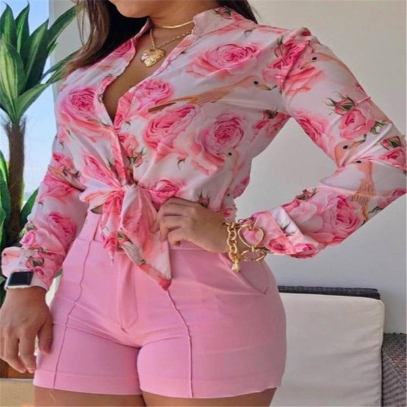 Sixsr Shorts Sets Women's Summer Suit High Waist Shorts LongSleev Shirts Two Piece Set Printed Leisure Sets Womens Outfits Shorts Set