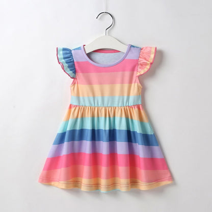 Sixsr New Summer Baby Girls Tutu Dress Children Party Little Girl Kids Clothes Flying Sleeve Princess Rainbow Patchwork Outfits Dress